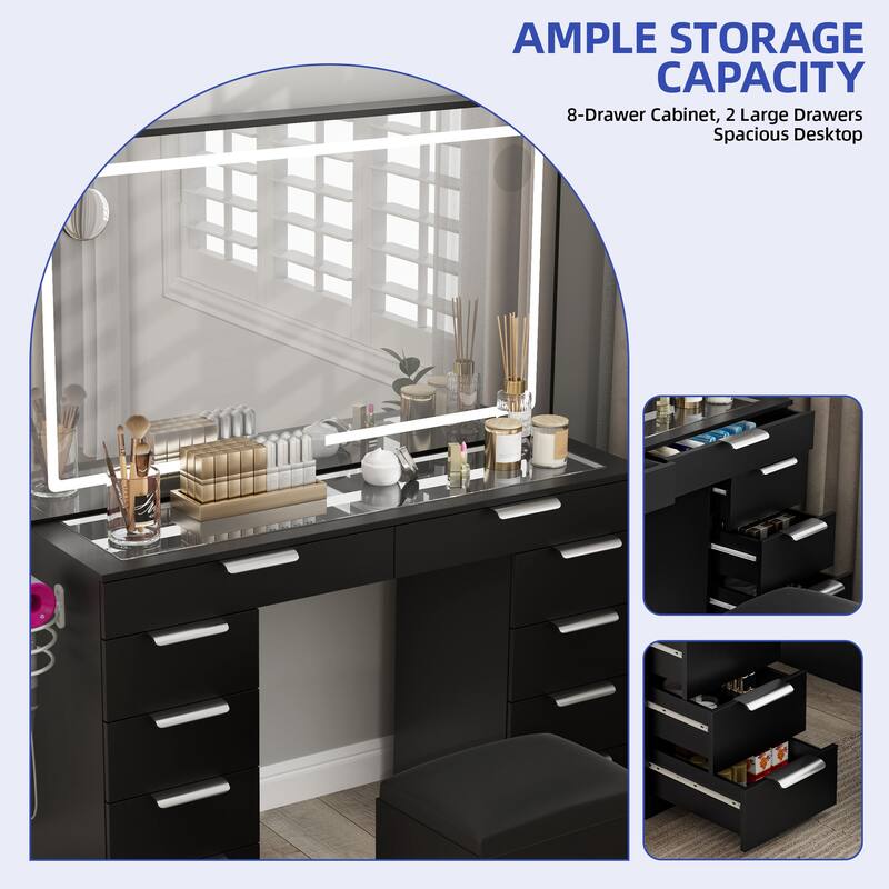 Moasis White 10-Drawer Cosmetic Vanity Desk Set with Glass Tabletop Makeup Vanity with LED Strip