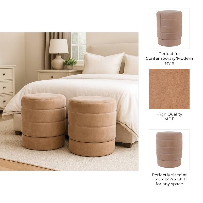 Round Upholstered Ottoman - Compact Pouf Footstool - 19", Brown