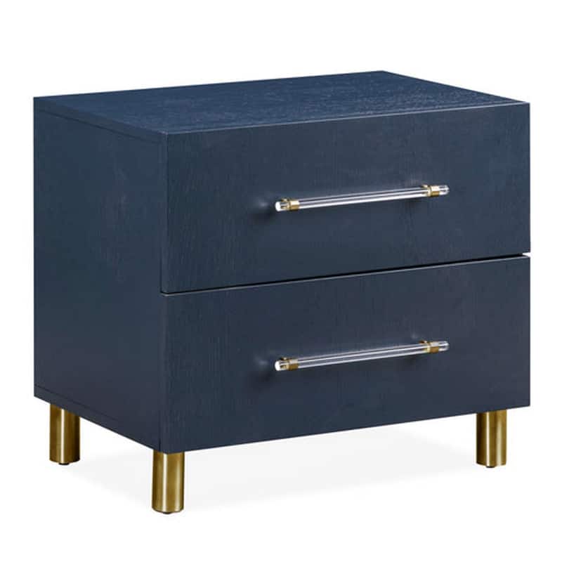 Herst 26 Inch Nightstand, Navy Blue Wood, 2 Drawers, Cylindrical Brass Legs