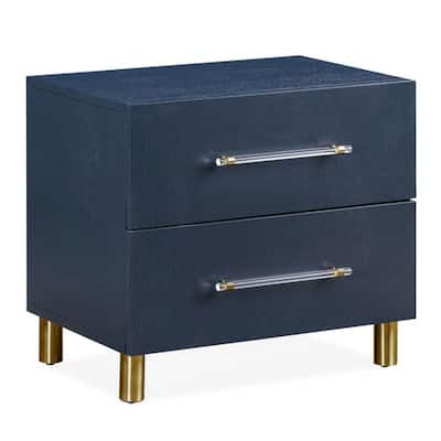 Herst 26 Inch Nightstand, Navy Blue Wood, 2 Drawers, Cylindrical Brass Legs