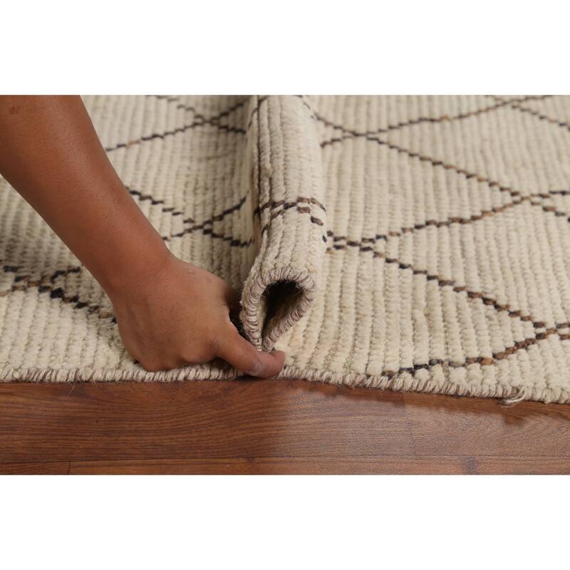 Ivory Trellis Moroccan Rug Hand-Knotted Striped Wool Carpet - 8'1"x 10'4"