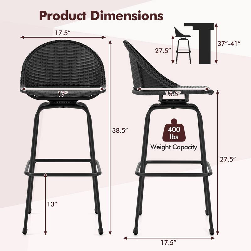 Gymax Rattan Swivel Barstools Set of 2 w/ Curved Back & Heavy-Duty