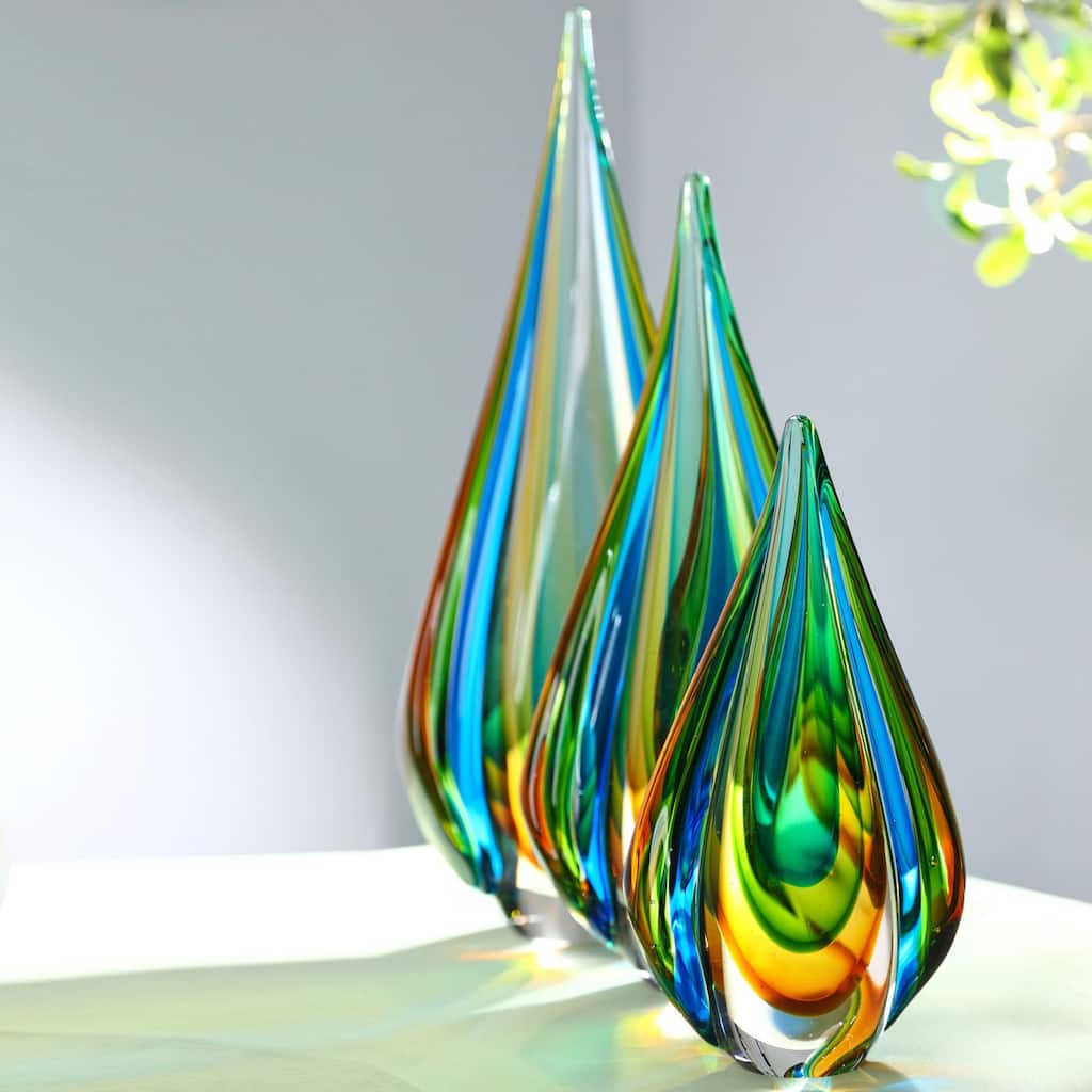 Luxury Lane Hand Blown Green Flame Teardrop Sommerso Art Glass Sculpture 10-18 inch tall