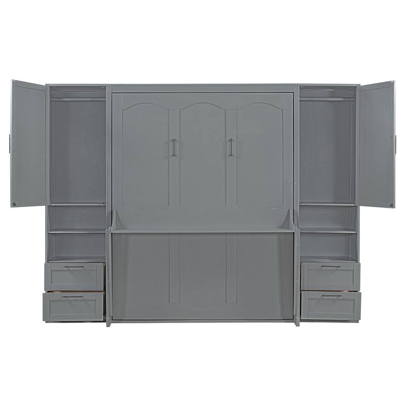 Queen Size Murphy Bed Hidden Wall Bed with Both Sides Closet Drawers and Storage Shelves, Space-Saving Versatile Murphy Bed