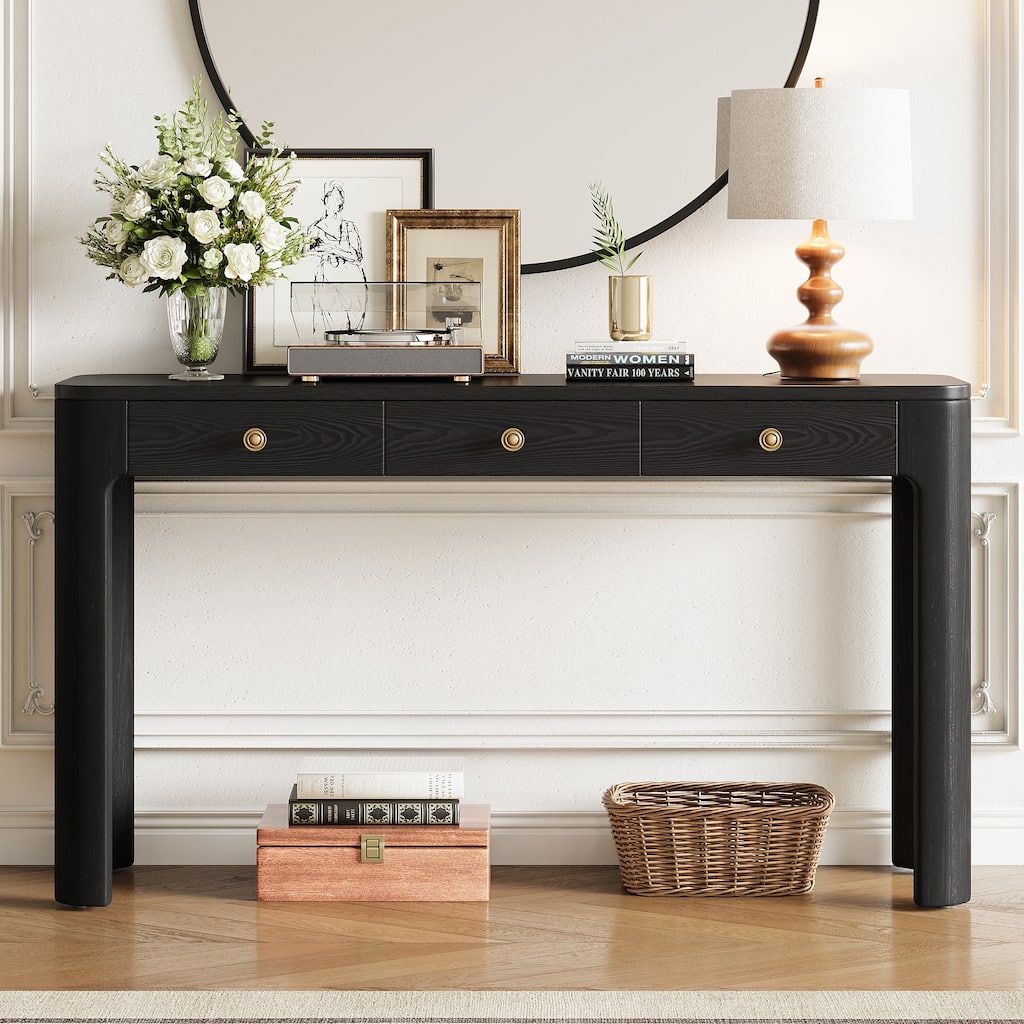 Country-Style Console Table, Curved Corner Table with 3 Hidden Drawers and Thick Legs, for Entryway, Hallway, Black