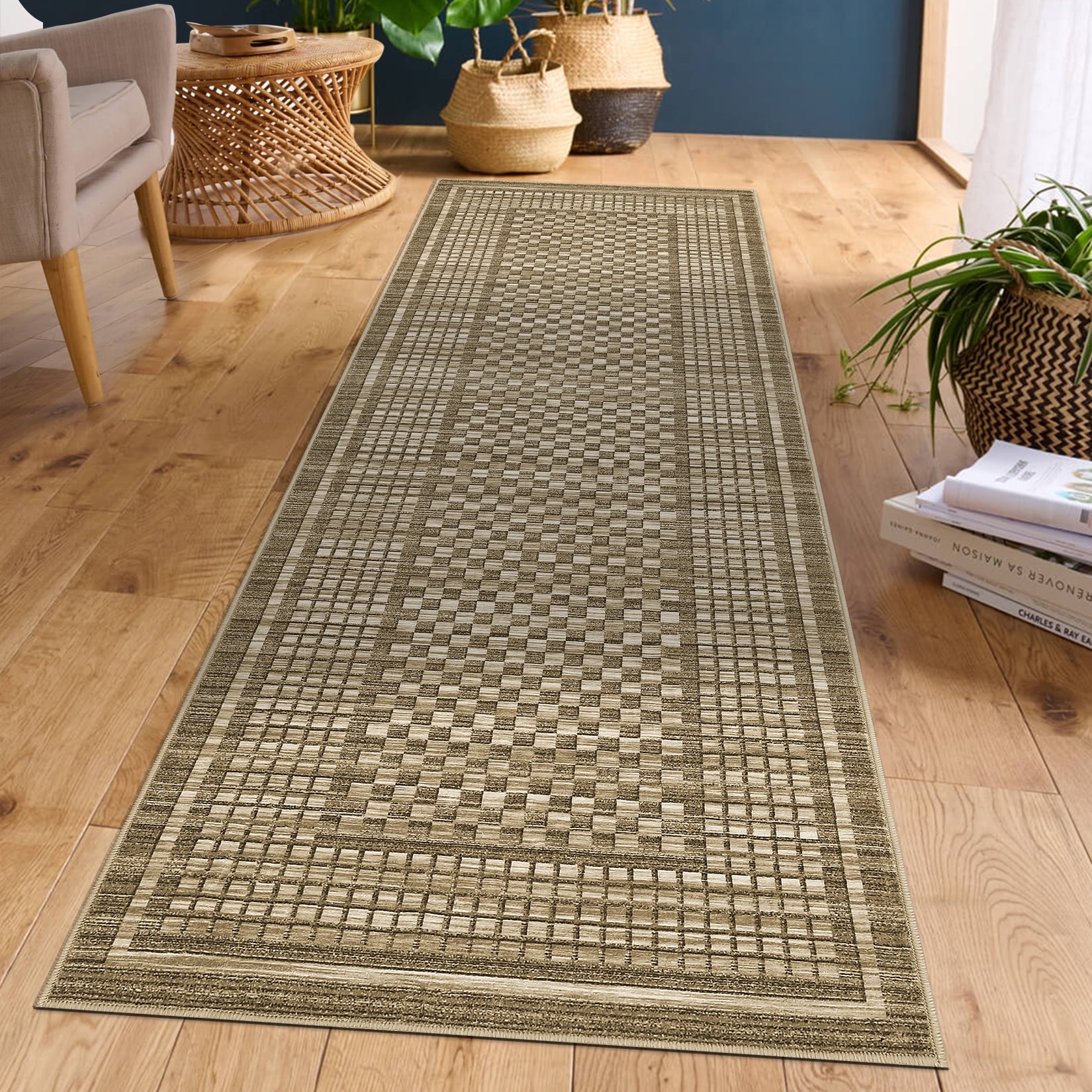 Garvee Washable Rustic Grid Soft Area Rug