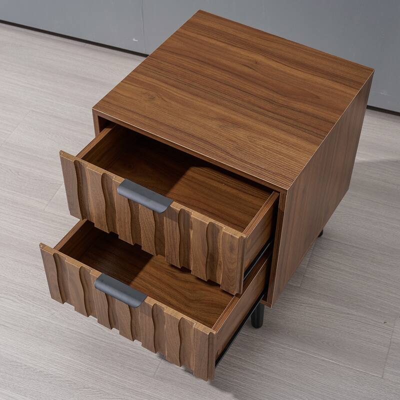 Mid-Century Modern Nightstand, Fluted End Table Drawer & Open Storage