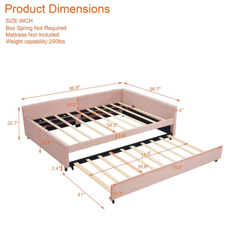 Full Size Daybed with Twin Trundle Bed, Velvet Upholstered Daybed L-shaped Slats Bed Frame Built-in USB Port with Diamond Grid