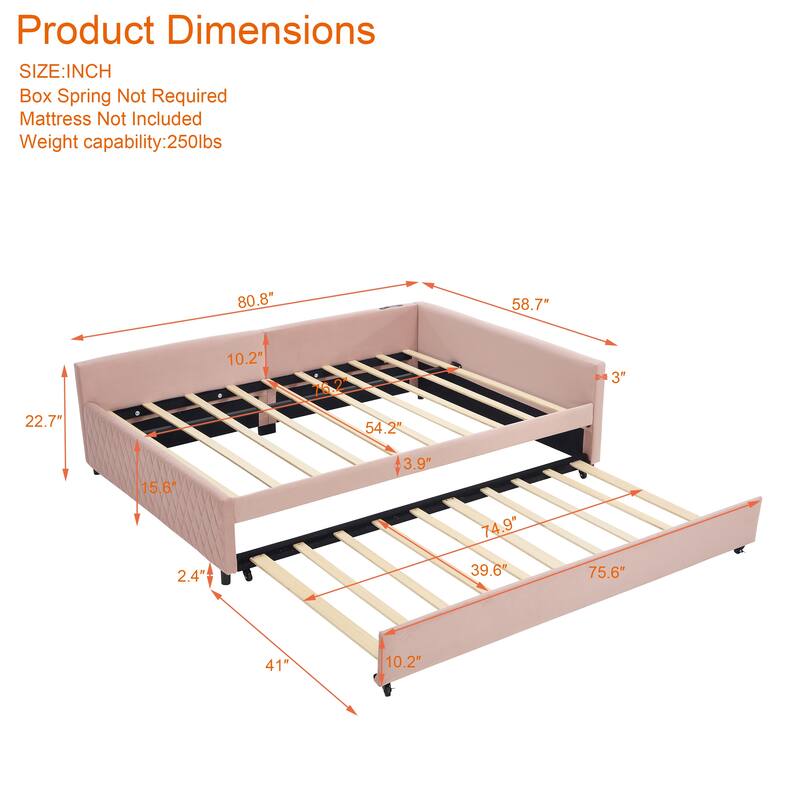 Upholstered Daybed with Trundle - Modern Diamond Grid Design on Sturdy Wood Frame for Guest Room