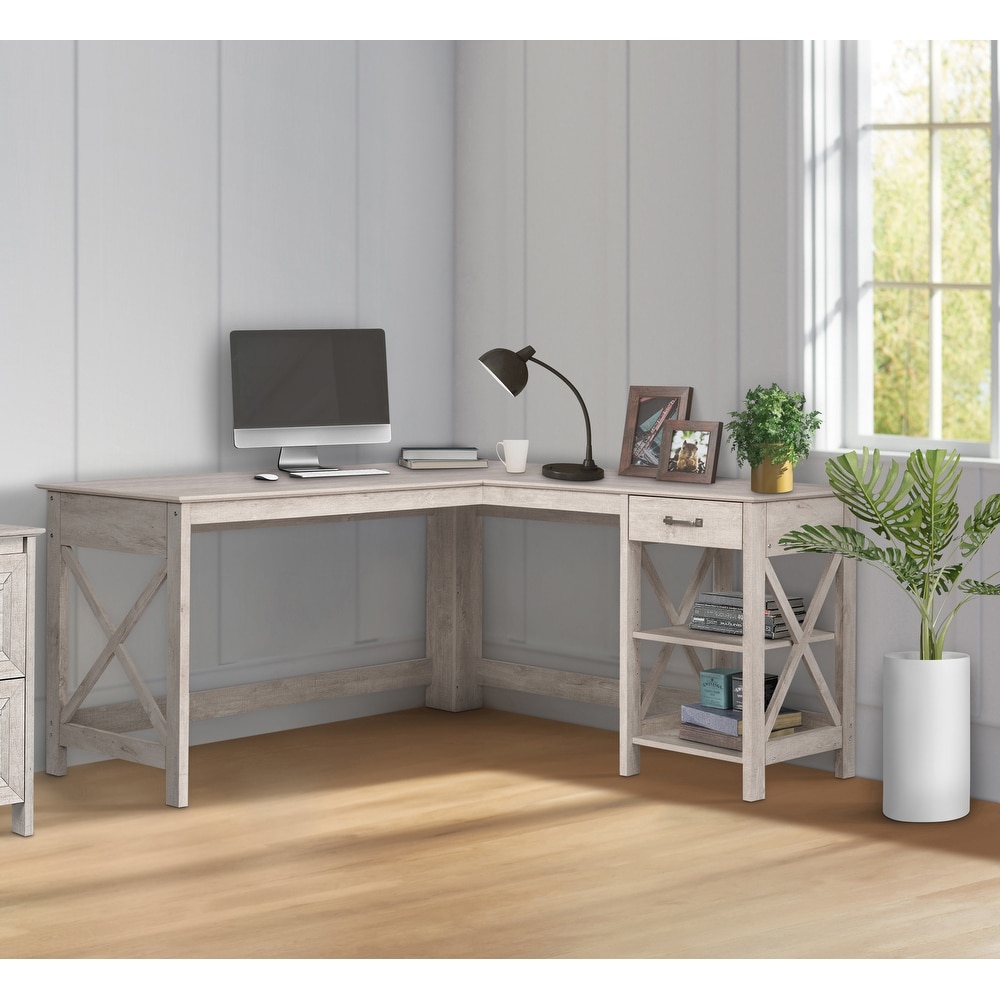 Saint Birch Honduras Washed Gray L-Shape Desk with 1 Drawer and 1 Open Shelf (Washed Gray)