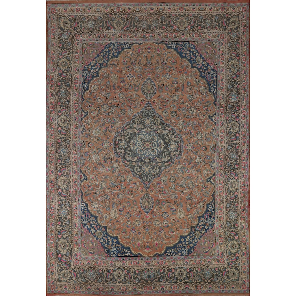 Orange Mashad Persian Vintage Area Rug Handmade Floral Wool Carpet - 9'6" x 12'9"