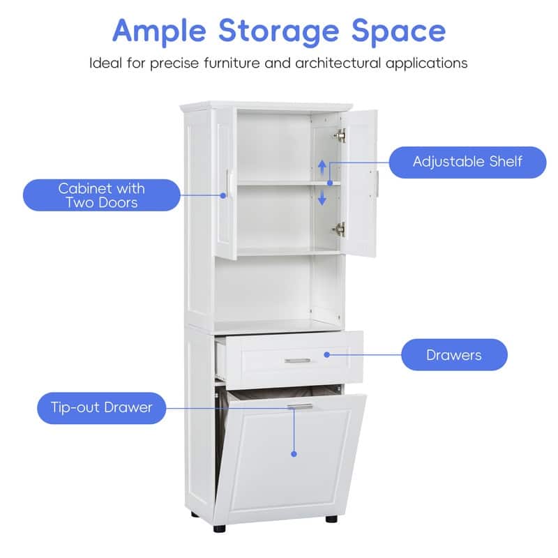 Tall Bathroom Storage Cabinet with Tilt-Out Laundry Basket, Drawer and Adjustable Shelf, Freestanding Floor Cabinet
