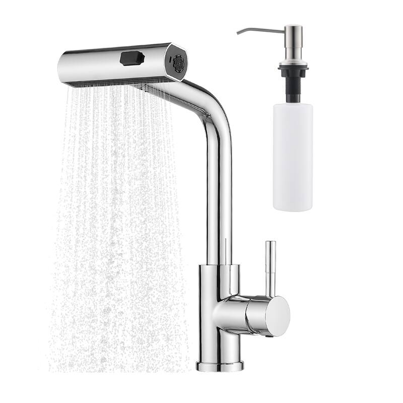 Waterfall Single Hole Kitchen Faucets with Soap Dispenser, Pull Down Sprayer and cUPC Supply Lines - Chrome
