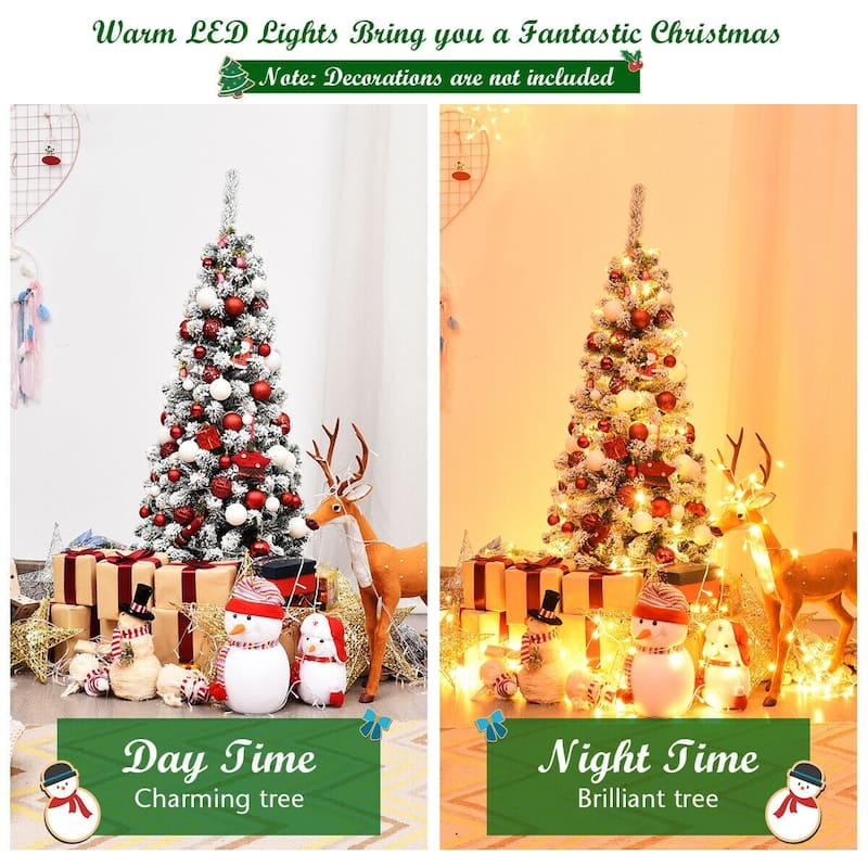4.5 Feet Slim Prelit Snow Flocked Pencil Christmas Tree with 150 LED Lights and Metal Stand - 1.8' x 1.8' x 4.5'