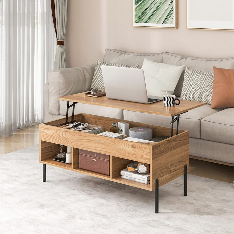 Living Room Lift Top Coffee Table w/ Storage & 3 Open Cubbies