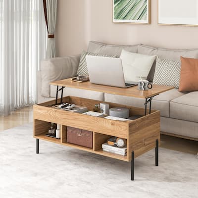 Living Room Lift Top Coffee Table w/ Storage & 3 Open Cubbies