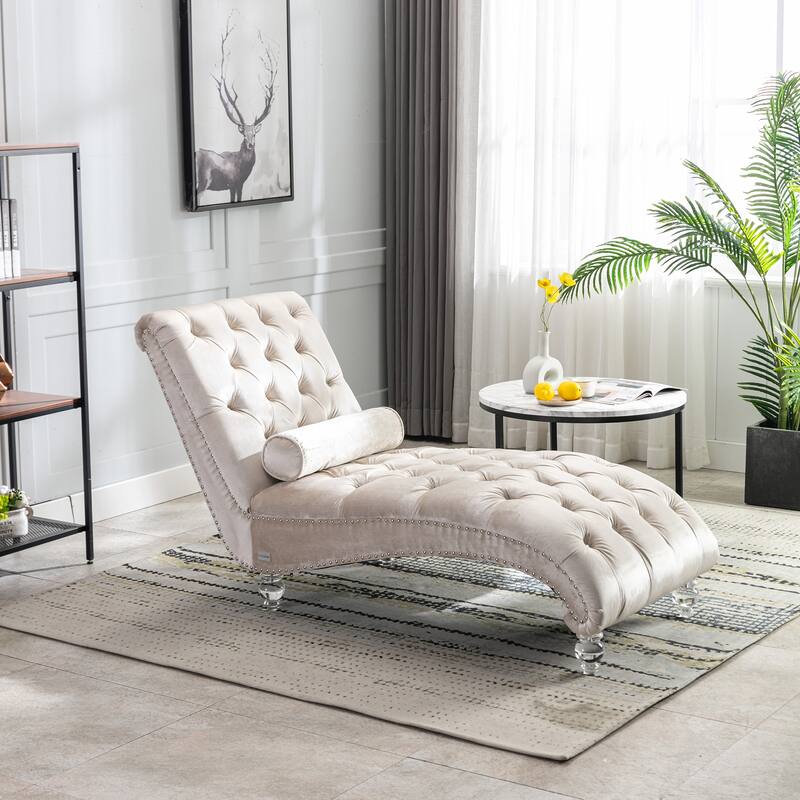 Velvet Tufted Chaise Lounge Chair Ergonomic S Shape Recliner with Pillow, Nailhead Trim and Acrylic Legs for Indoor Use