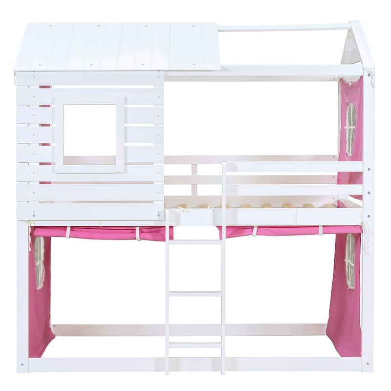 Pink+White Twin Size Solid Wood House Bunk Bed with Tent, Ladder and Fence for Kids, Bedroom