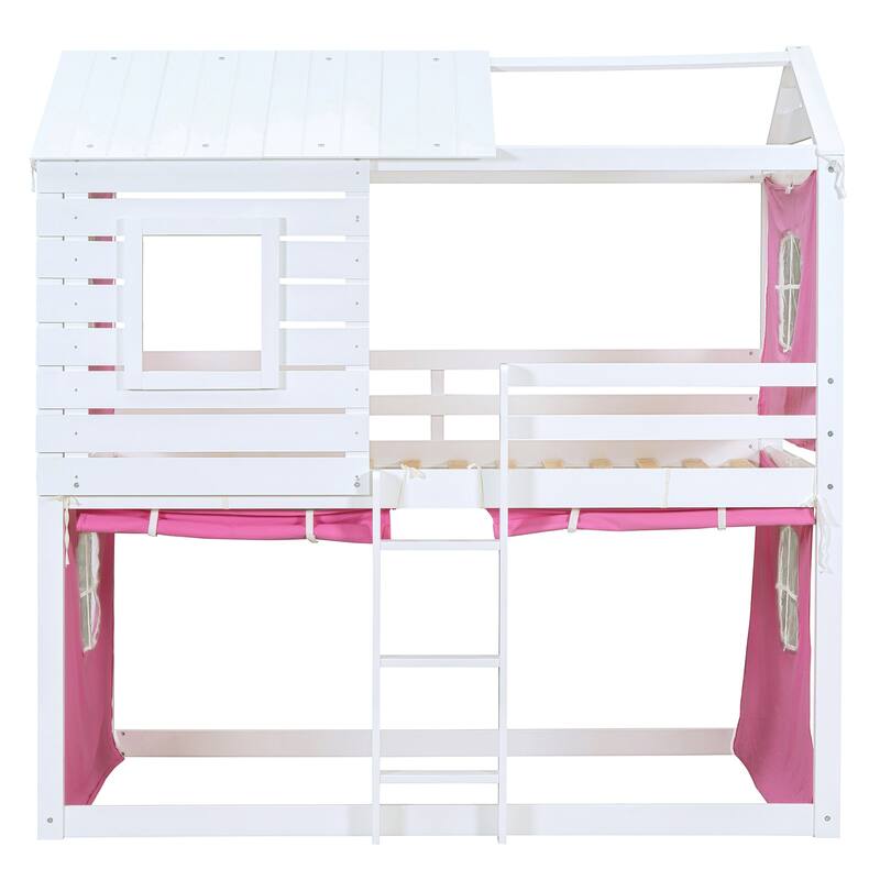Solid Wood House Bunk Bed with Tent, Ladder and Fence for Kids, Bedroom