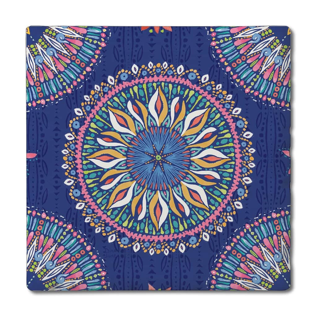 Mandala Seas 4 Pack Absorbent Stone Coasters with Cork Backing 4" Square Made in The USA Absorbent Wipes Clean