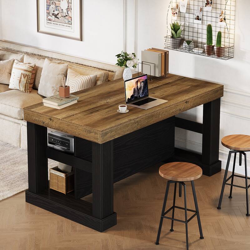 55-Inch Large Home Bar Unit, 3-Tier Pub Table with Storage Shelves - N/A