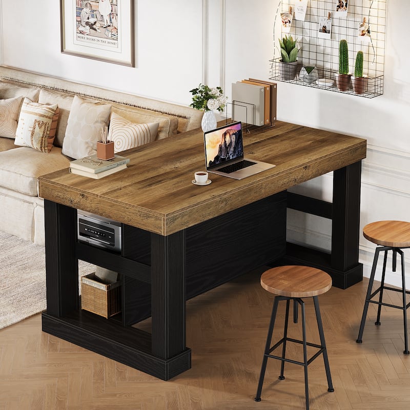 55-Inch Stationary Kitchen Island with Storage Shelves and Large Worktop, Farmhouse Style, Light Brown