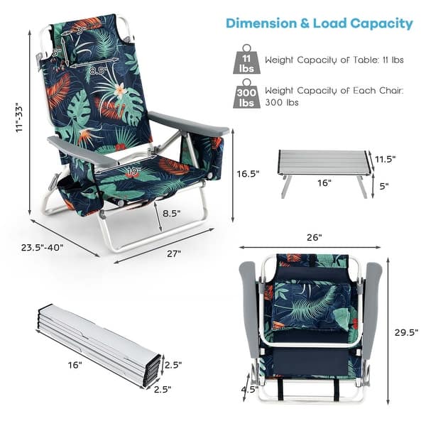 Costway 2Pack Folding Backpack Beach Chair Table Set 5Position Bed