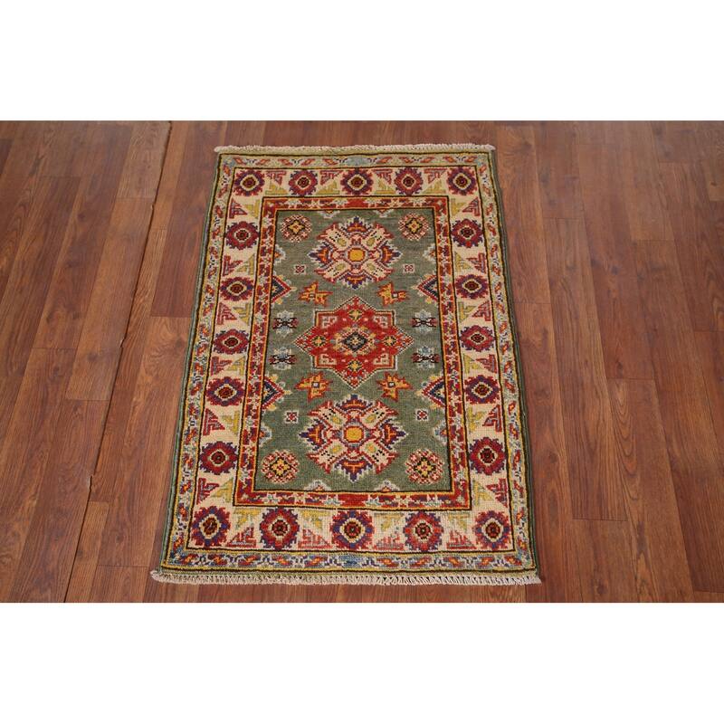 Geometric Kazak Foyer Rug Hand-Knotted Green Wool Carpet - 2'0" x 2'10"