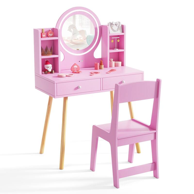 Costway Kids Vanity Set Princess Vanity Desk Set with 2-Color LED - See Details - Pink
