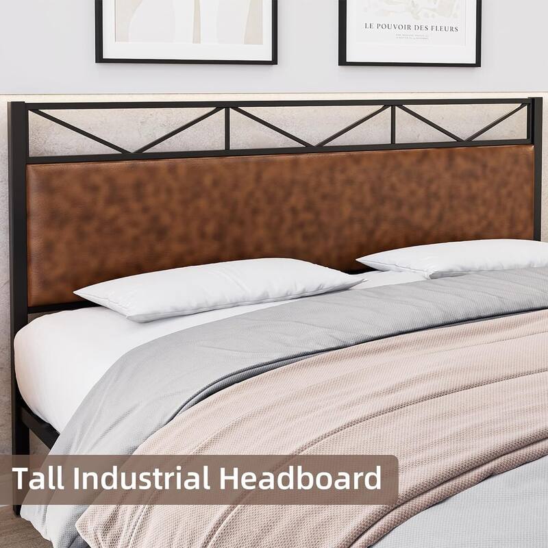 Metal Platform Bed Frame with PU Leather Headboard & Footboard