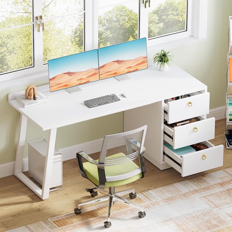White Computer Desk with Drawers, 55 Inches Modern Study Writing Table for Home Office - White