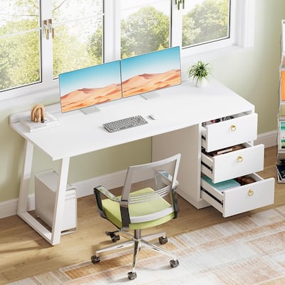 White Computer Desk with Drawers, 55 Inches Modern Study Writing Table for Home Office