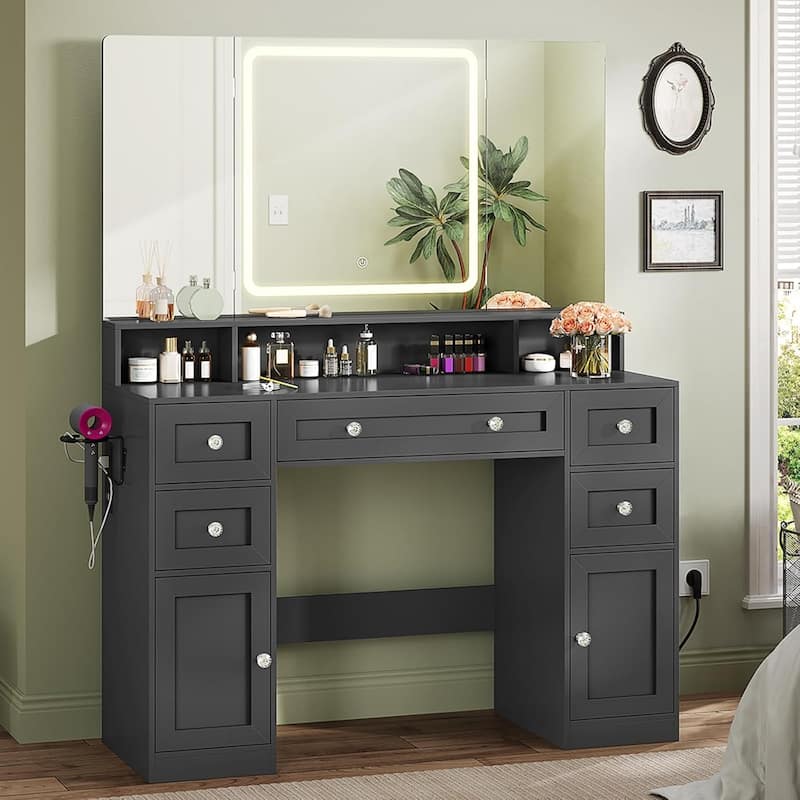 Makeup Vanity Trifold Mirror Charging Station 5 Drawers LED Light Hidden Jewelry Hook - Black
