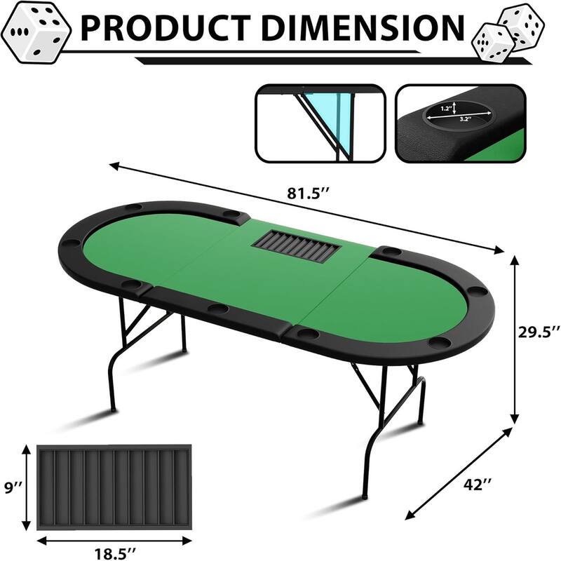 Oval Poker Table with Collapsible Legs, Casino Leisure Table for 10 Players, Blackjack Gaming Table with Water