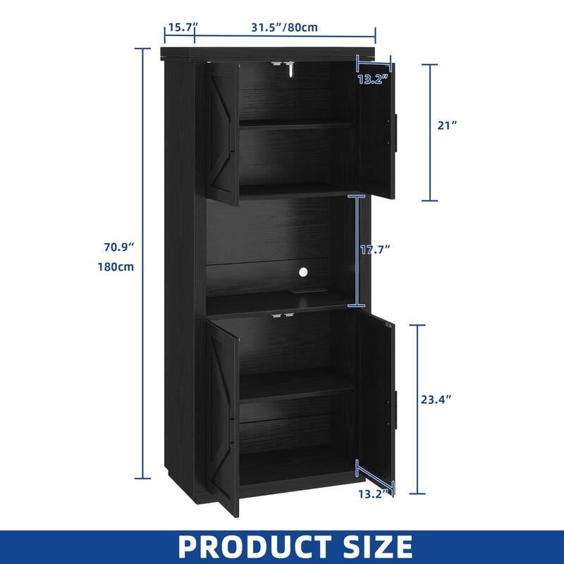 Moasis Farmhouse 71" Tall Kitchen Pantry Cabinet with Lights & Charging Station