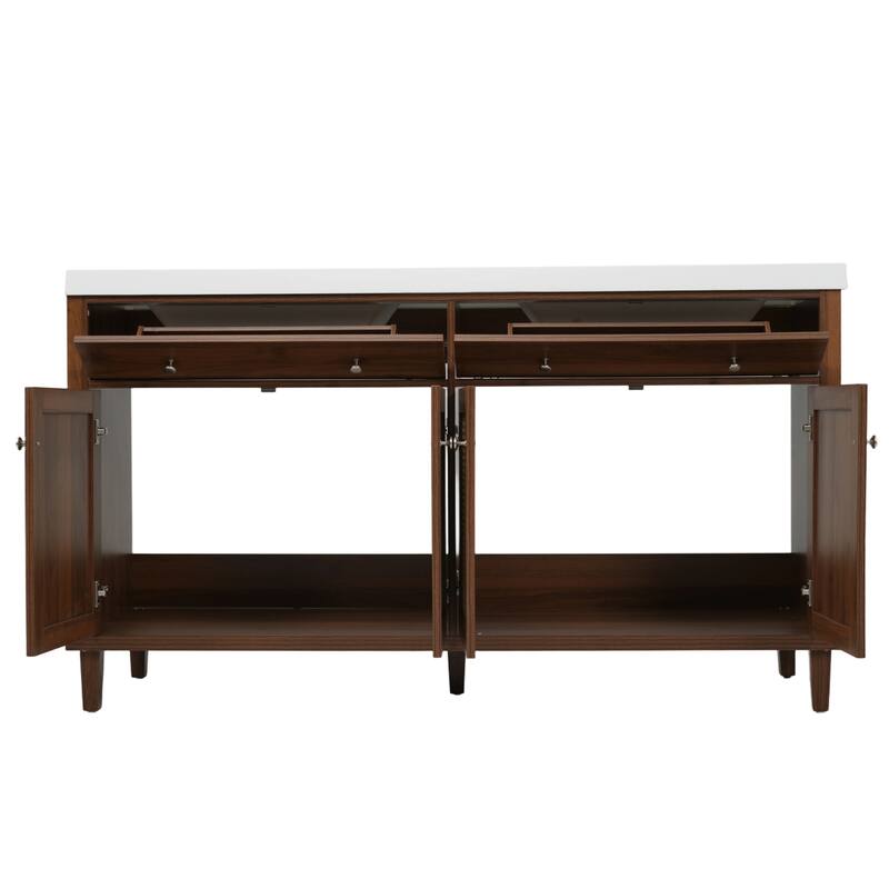 Christopher Knight Home - Bellmere 60" Modern Double Sink Bathroom Vanity with SMC Sink, Soft-Close Storage, and Wood Legs