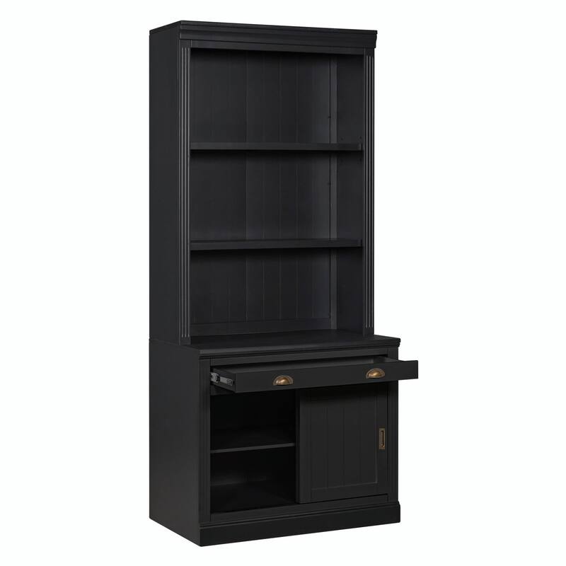 83.4" Tall Bookshelf with LED Lighting, Sliding Doors and Open Shelves