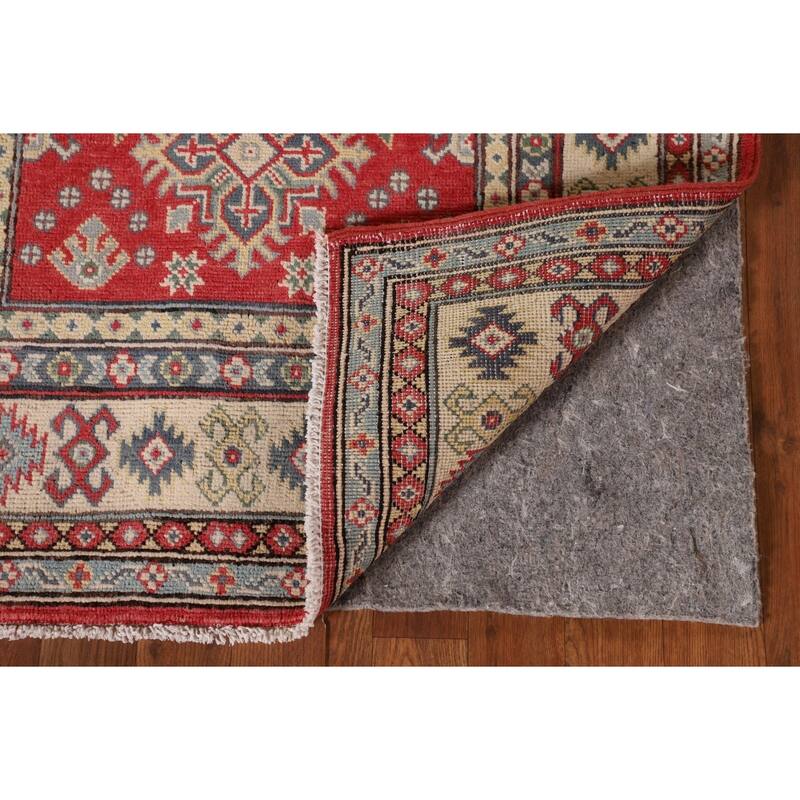 Geometric Kazak Accent Rug Handmade Red Wool Carpet - 3'2"x 5'0"