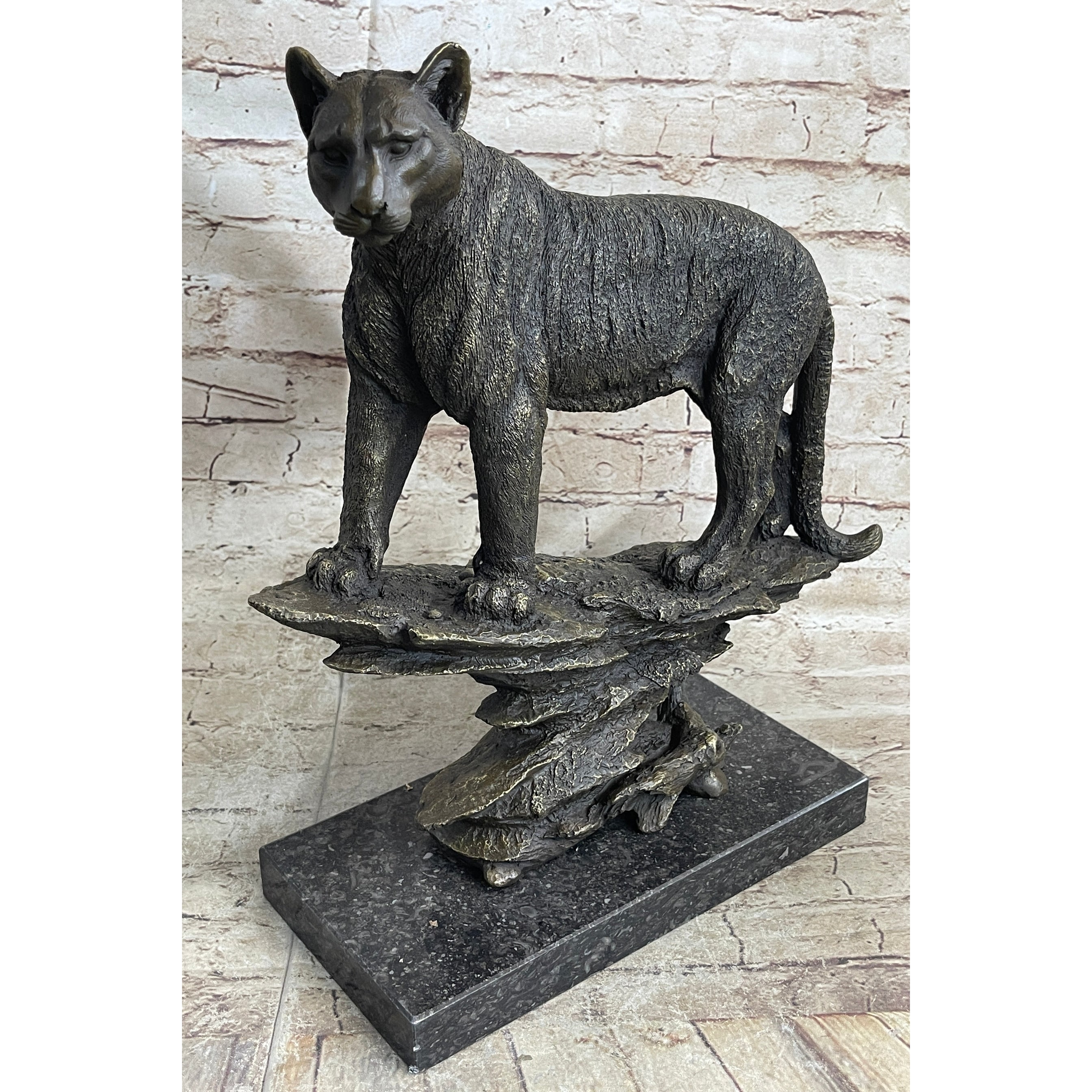 Mountain Lion Puma Panther Cougar Bronze Sculpture Statue Figure On Marble Base