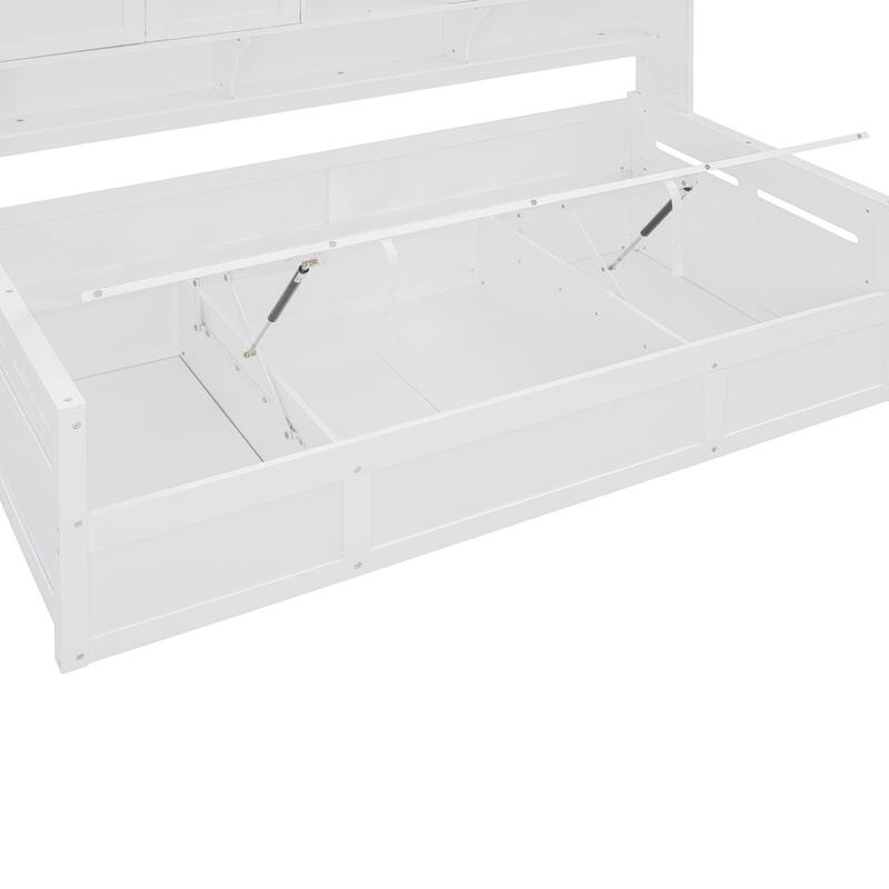 Wooden Daybed Storage Platform Bed with All-in-One Cabinet and Shelf, 10 Slats Multi-Functional Space-Optimizing Bed Frame