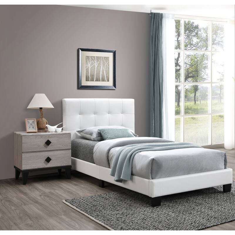 Modern White Faux Leather Twin Bed with Middle Support Legs & Rectangle Headboard!