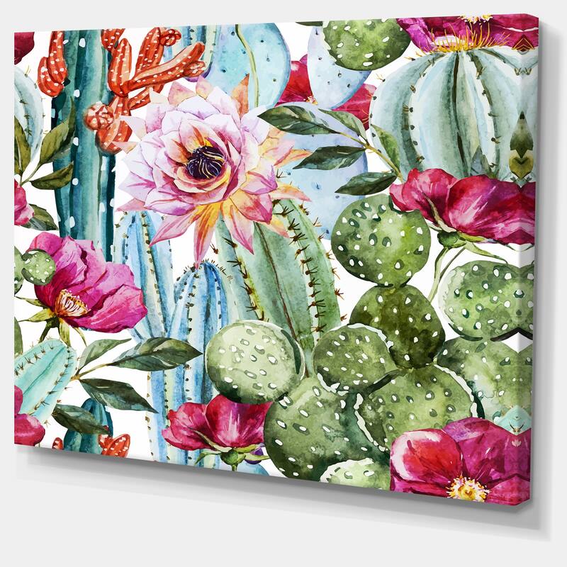 Cactus Pattern Watercolor' Floral Digital Art Canvas Print - Green