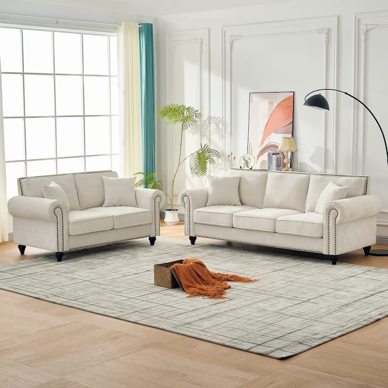 Loveseat with Rolled Armrest, Chenille Upholstered Fabric Sofa, 2-Seater Couch with Solid Wood Legs & Nailhead Trim