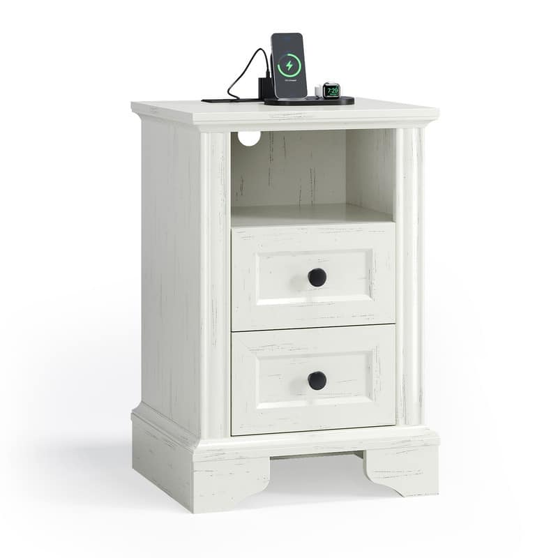 Washed White Nightstand with 2 Drawers, Shelf & US Power Outlet