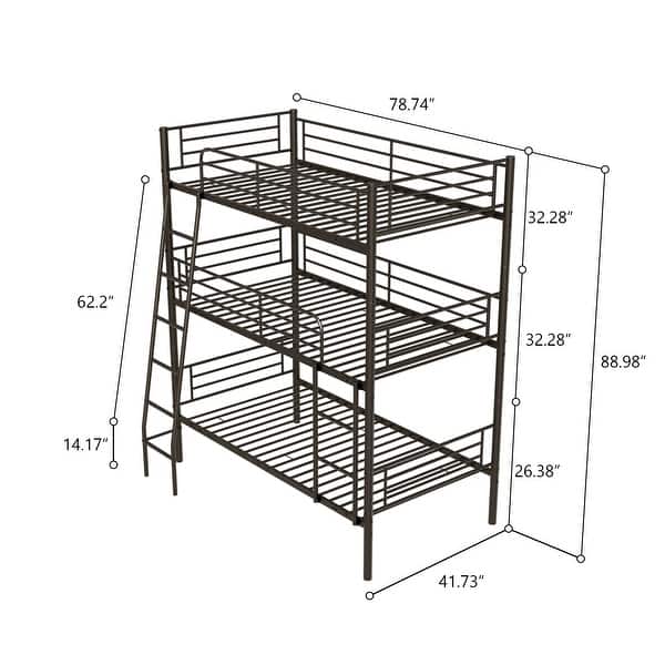 dimension image slide 1 of 2, Triple Bunk Beds for 3, Metal Bunk Bed with Safe Guardrail & ladder, Can be Separated into 3 Twin Beds