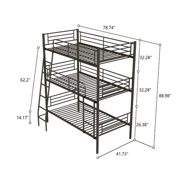 dimension image slide 1 of 2, Twin Size Convertible Triple Bunk Bed with Two Ladders and Guardrails