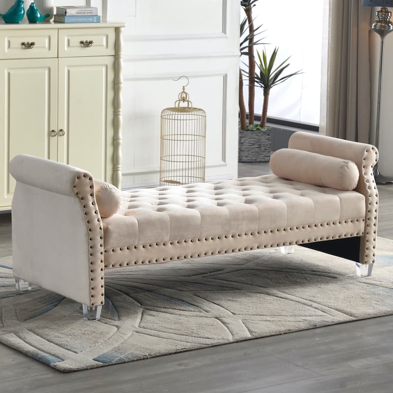 Stefania 71-inch Rolled Arm Oversized Velvet Tufted Upholstered Bench - Beige
