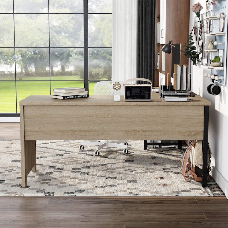 DH BASIC Industrial Natural Oak 65-inch Metal L-Shaped Standing Desk by Denhour
