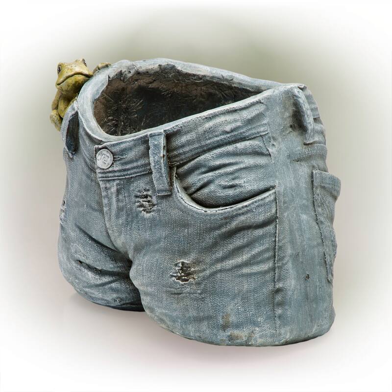Alpine Corporation 10" Tall Indoor/Outdoor Denim Shorts with Frog Shaped Planter and Yard Decoration - 14"L x 11"W x 10"H
