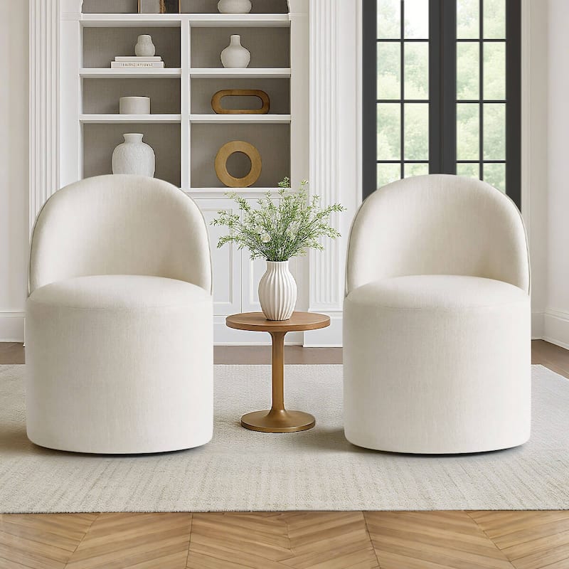 Upholstered Linen Barrel Accent Chair with with Castors(Set of 2) - Cream